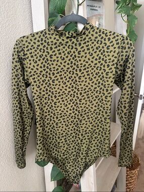 Mai swimwearWildfox Olive Green and Black Leopard Zip-Front Long Sleeve Bodysuit